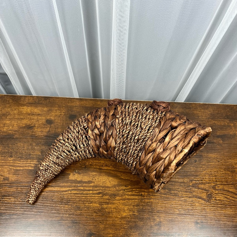 Cornucopia Wooden Decorative Basket 7” Opening 16” Long Woven Light & Dark Brown